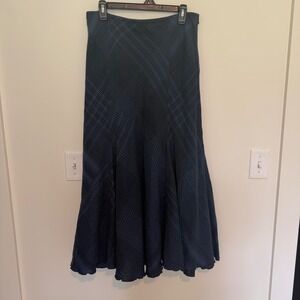 J. Jill Navy Blue Plaid Linen Blend Bias Cut Maxi Skirt Size 10 Side Zip Flare